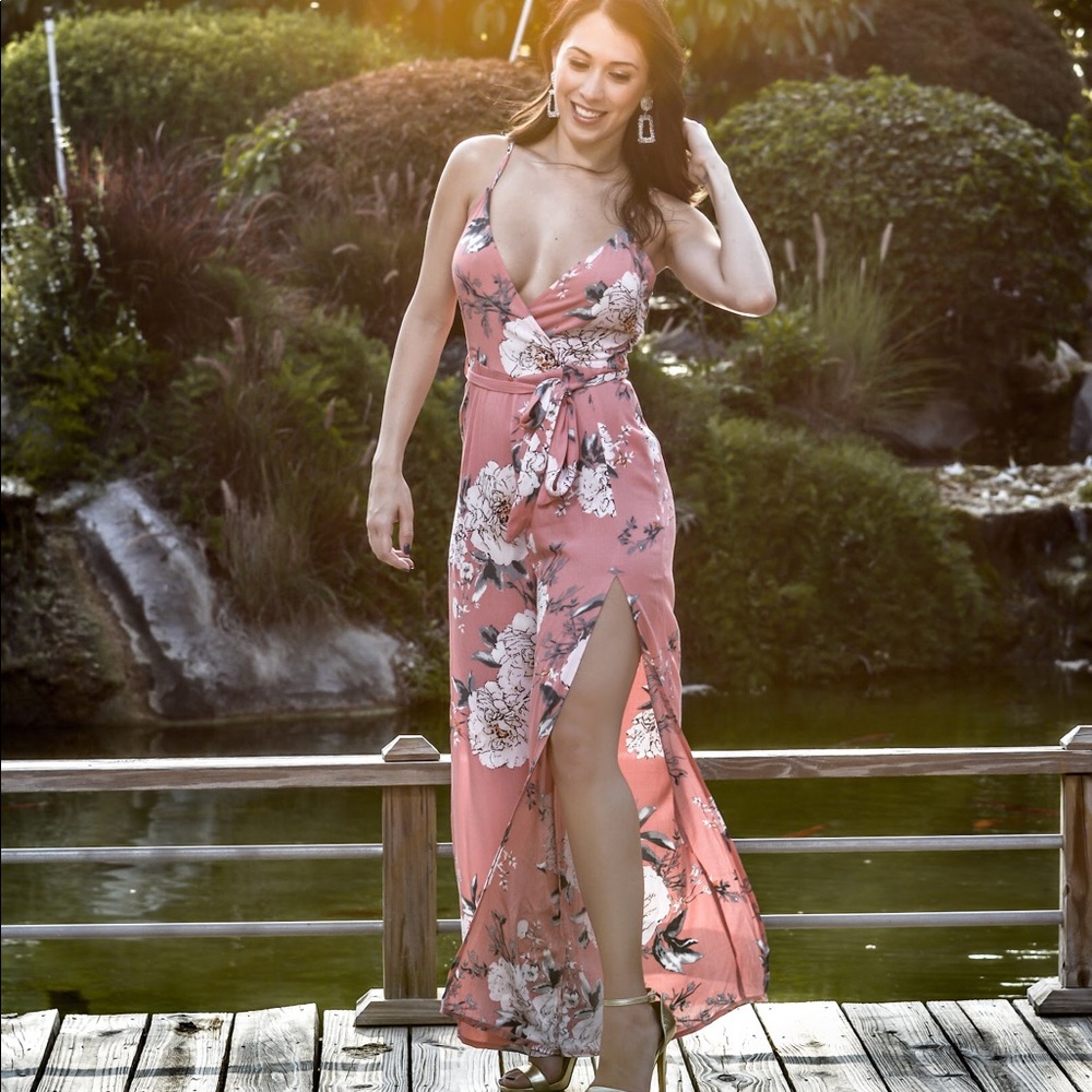 Floral Wrap Front Side Slit Waist Tie Jumpsuit